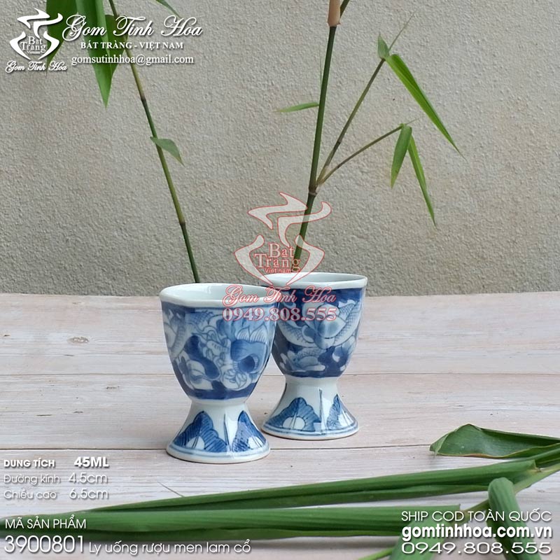 Ly sứ uống rượu men lam cổ Đồ Ký Kiểu phục chế gốm sứ Bát Tràng cao cấp Gốm Tinh Hoa Ly sứ uống rượu men lam cổ vẽ rồng ẩn Đồ Nội Phủ phục chế