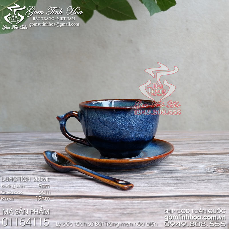 Ly tách sứ uống cafe cappuccino men hỏa biến Gốm Tinh Hoa Bát Tràng Ly tách sứ uống cafe cappuccino 200ml men hỏa biến thiên thanh kèm thìa sứ