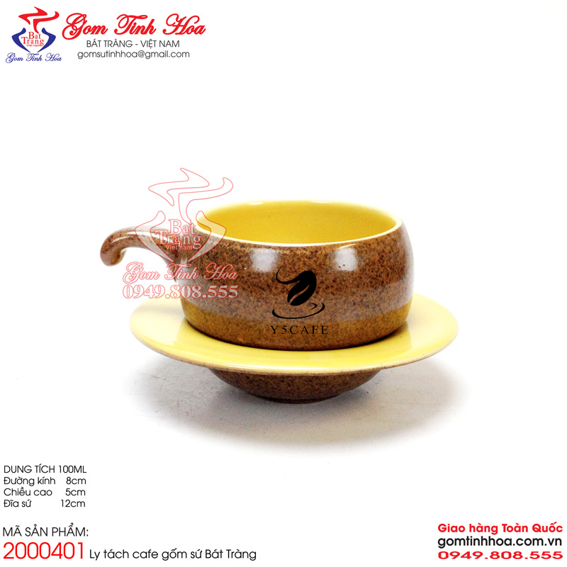 Ly tách cafe in logo Ly cốc tách quán cafe Gốm Tinh Hoa Bát Tràng Ly tách cafe gốm sứ men gốm lòng vàng