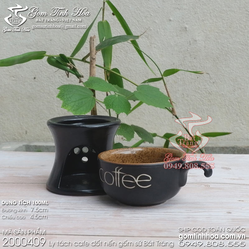 Ly tách cafe đốt nến gốm sứ Bát Tràng cao cấp Gốm Tinh Hoa Ly tách cafe đốt nến men đen lòng gốm