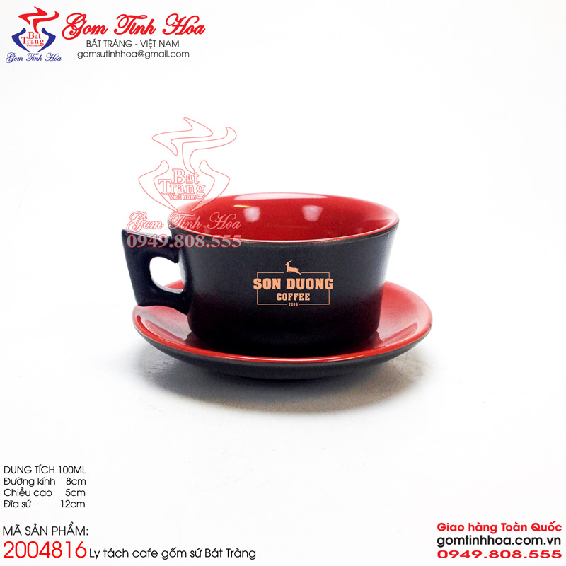Ly tách cafe nóng, ly tách đẹp cho quán cà phê Gốm Tinh Hoa Bát Tràng Ly tách cafe nóng men đen lòng đỏ khắc chữ Coffee