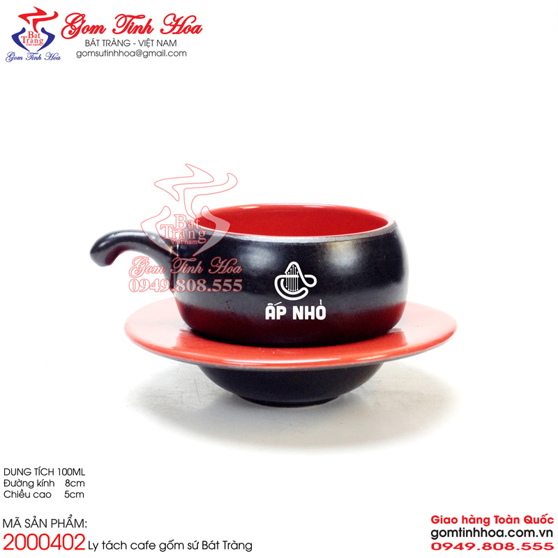 Ly tách cafe in logo Ly cốc tách đẹp cho quán cà phê Gốm Tinh Hoa Bát Tràng Ly tách cafe men đen lòng đỏ