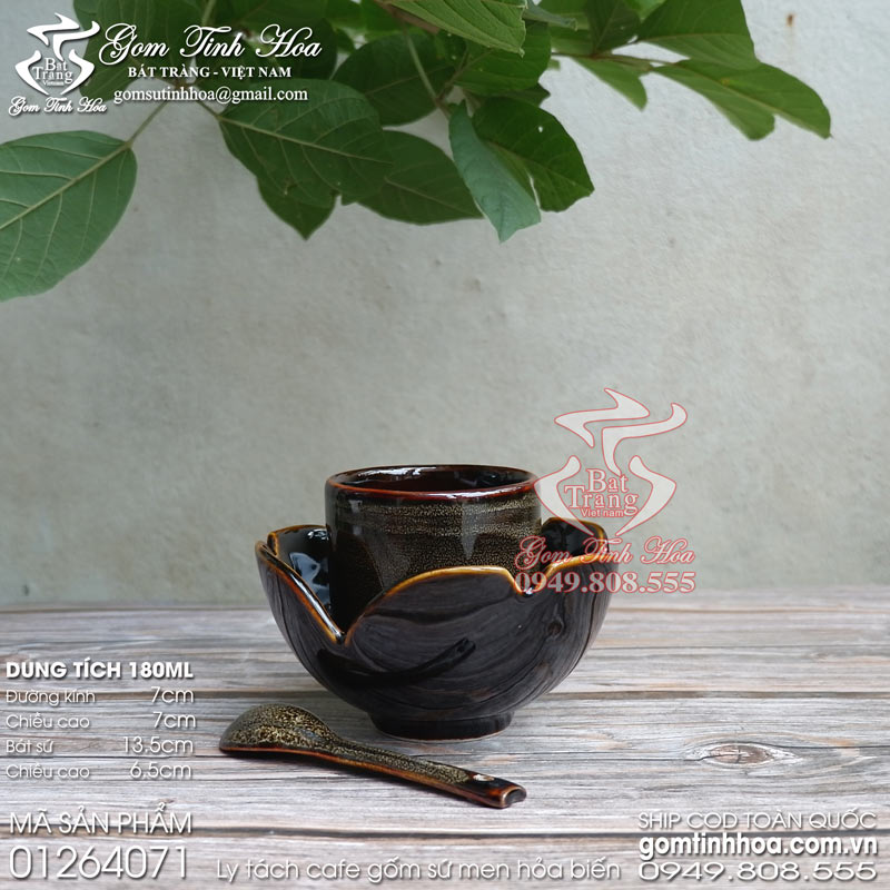 Ly cốc tách sứ men hỏa biến Gốm Tinh Hoa Bát Tràng Ly cốc tách sứ uống cafe trứng kèm thìa cafe men hỏa biến màu đen