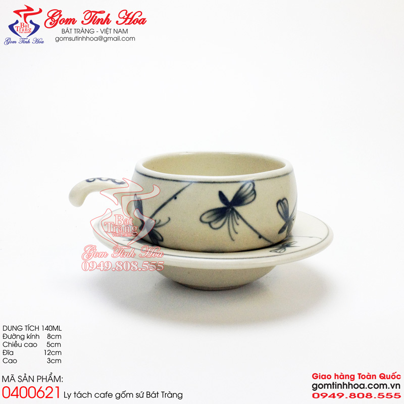 Ly tách cà phê gốm sứ men rạn Gốm Tinh Hoa Bát Tràng Ly tách cà phê gốm sứ men rạn vẽ chuồn chuồn