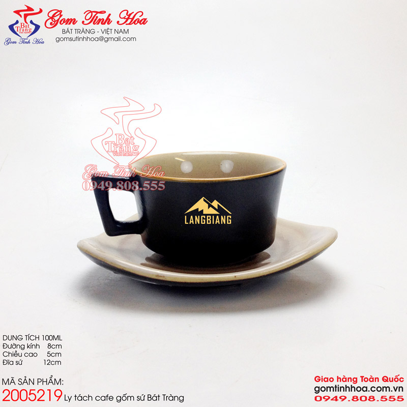 Ly tách cà phê in logo Ly tách đẹp cho quán cafe Gốm Tinh Hoa Bát Tràng Ly tách cà phê men đen lòng thủy tinh khắc chữ Coffee