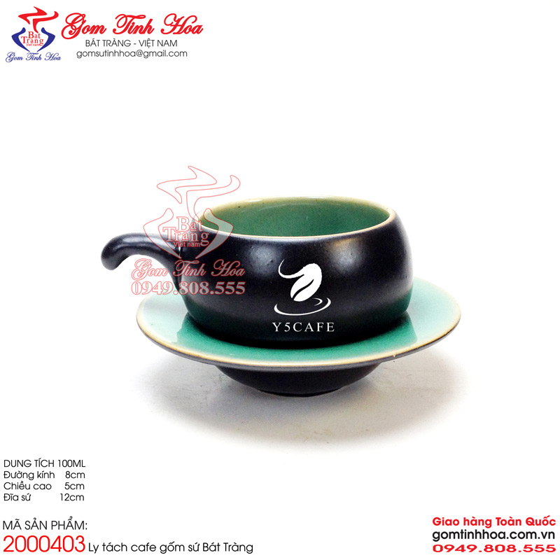Ly tách cà phê in logo Ly cốc tách sứ cho quán cà phê Gốm Tinh Hoa Bát Tràng Ly tách cà phê men đen lòng thủy tinh xanh đậm