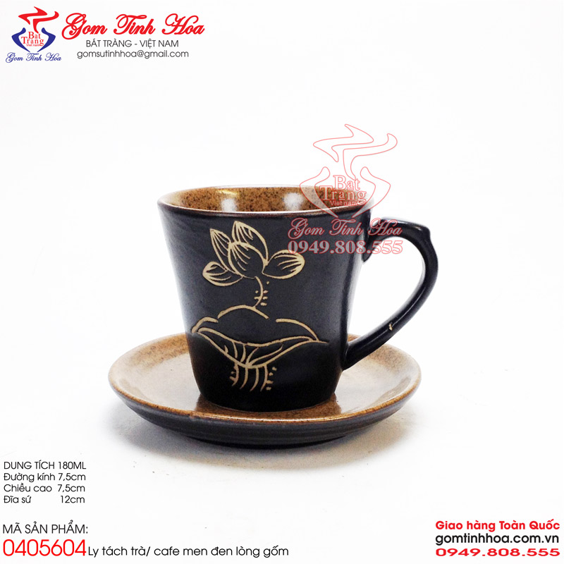 Ly tách trà cafe gốm sứ cao cấp Gốm Tinh Hoa Bát Tràng Ly tách trà cafe men đen lòng gốm khắc hoa sen