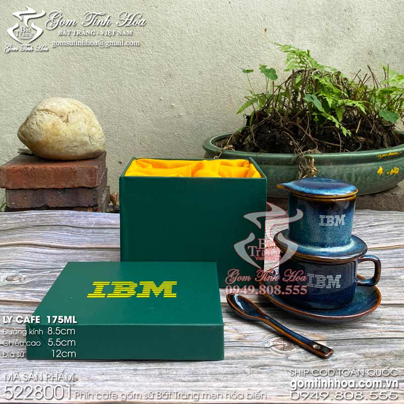 Phin cà phê gốm sứ in logo Quà tặng gốm sứ Bát Tràng cao cấp Gốm Tinh Hoa Phin cà phê gốm sứ men hỏa biến màu thiên thanh dáng ly đế bằng 180ml