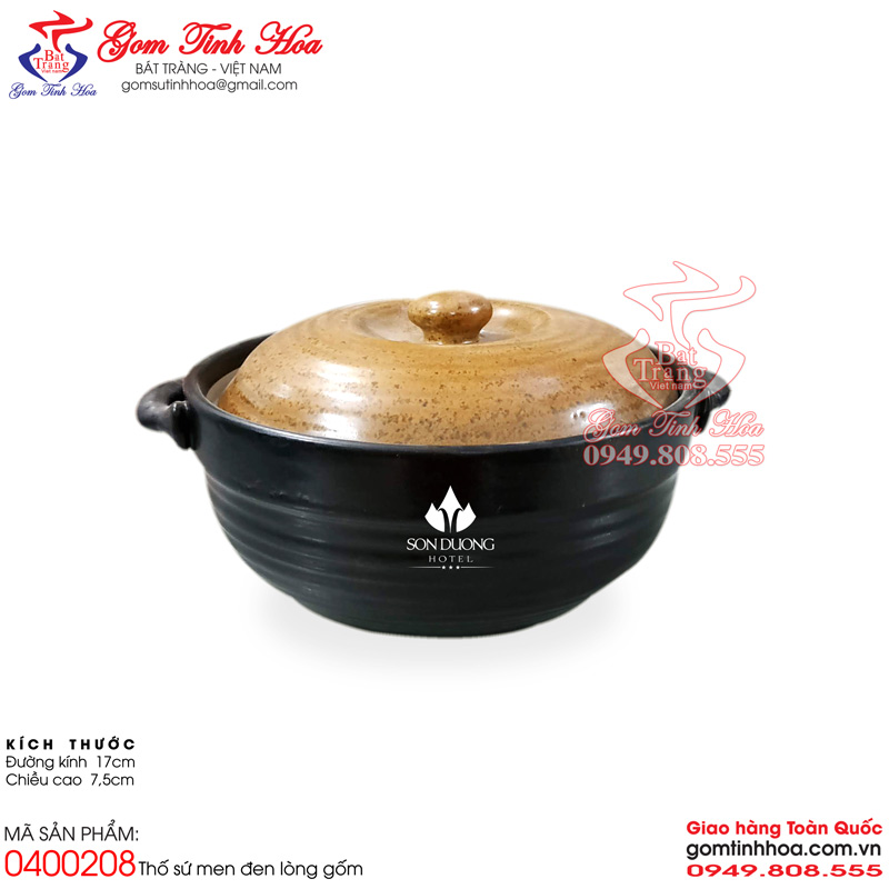 Thố sứ nhà hàng Thố sứ in logo Gốm Tinh Hoa Bát Tràng Thố sứ có nắp men đen lòng gốm