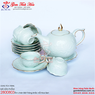 Ấm chén Bát Tràng men ngọc viền vàng 24K hoa sen nổi