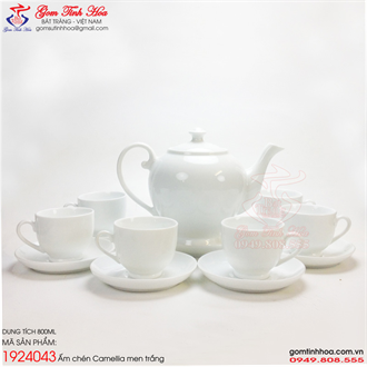 Bộ ấm trà Camellia men trắng