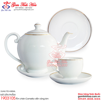 Ấm chén Camellia viền vàng kim