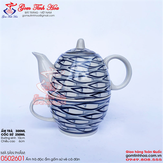 Ấm chén độc ẩm gốm sứ vẽ cá đàn