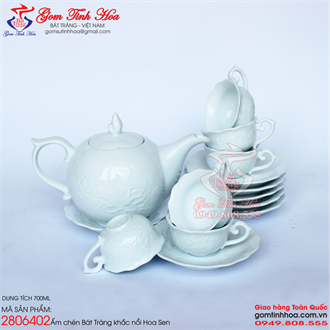 Ấm chén Bát Tràng dáng Mẫu Đơn Minh Long sen nổi men trắng