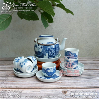 Ấm chén nắp lõm men lam cổ vẽ mai thọ