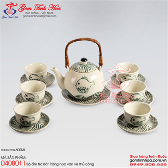 Ấm chén quai mây vẽ cá nóc