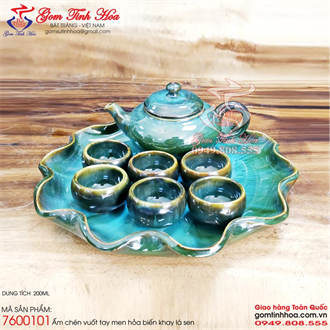 Ấm chén decor men hỏa biến khay lá sen