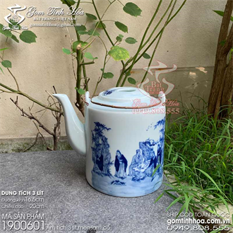 Ấm tích 3 lít men lam cổ Trúc lâm thất hiền