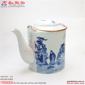Ấm tích 2,5 lít men lam cổ Trúc Lâm Thất Hiền
