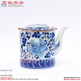 Ấm tích 1,5 lít vẽ hoa dây men lam cổ