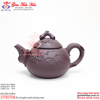 Ấm trà Bát Tràng gốm sành không men đắp Hoa Mai