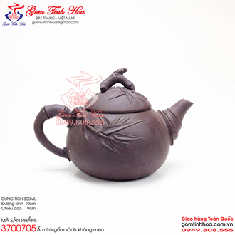 Ấm trà độc ẩm gốm sành không men đắp tre trúc