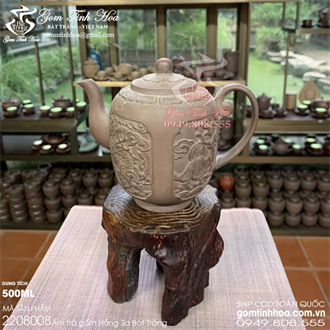 Ấm trà gốm hồng sa 500ml tứ linh nổi Long Ly Quy Phượng