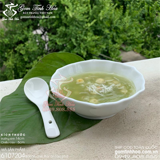 Bát ăn chè gốm sứ men trắng hình bông hoa kèm thìa sứ