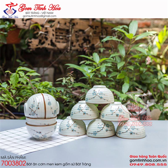 Bát ăn cơm gốm sứ cao cấp men kem vẽ hoa mai xanh