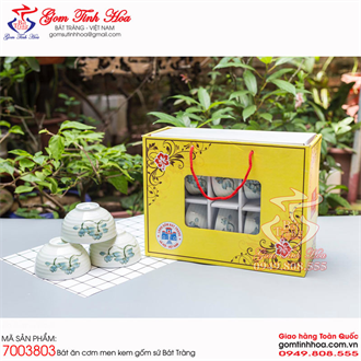Bát ăn cơm gốm sứ men kem vẽ hoa sen xanh