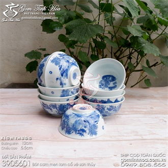 Bát ăn cơm sơn thủy men lam cổ Đồ Ký Kiểu phục chế