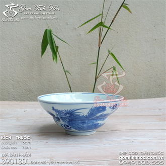 Bát chiết yêu Bát Tràng 16cm men lam cổ vẽ chim phượng