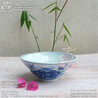 Bát chiết yêu Bát Tràng 18cm men lam cổ vẽ hoa sen