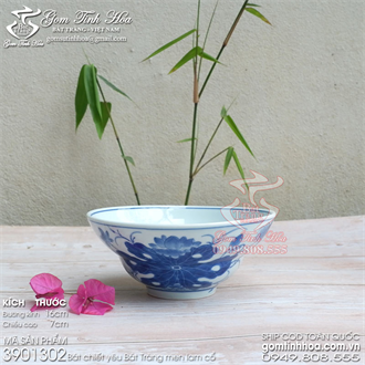 Bát chiết yêu Bát Tràng 16cm men lam cổ vẽ hoa sen
