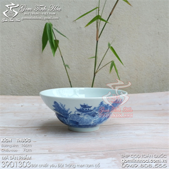 Bát chiết yêu Bát Tràng 16cm men lam cổ vẽ sơn thủy
