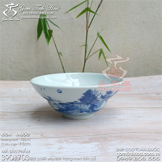 Bát chiết yêu Bát Tràng 18cm men lam cổ vẽ sơn thủy