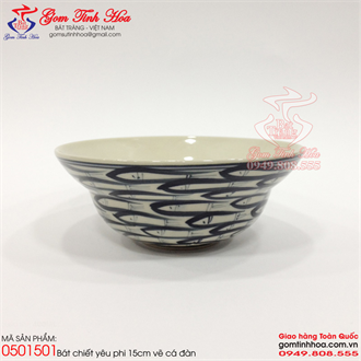 Bát chiết yêu Bát Tràng 15cm vẽ cá đàn