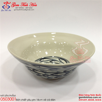 Bát chiết yêu Bát Tràng 18cm vẽ cá đàn