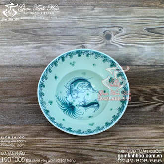 Bát chiết yêu Bát Tràng men ngọc cổ 16cm vẽ cá
