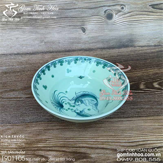 Bát chiết yêu Bát Tràng men ngọc cổ 18cm vẽ cá