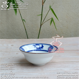 Bát chiết yêu 12cm hoa văn Đào thọ men lam cổ