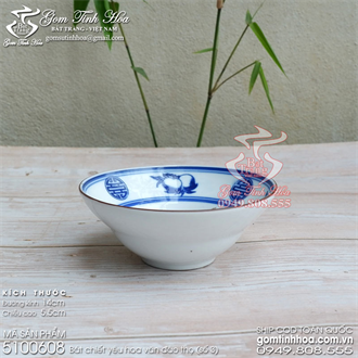 Bát chiết yêu 14cm hoa văn Đào thọ men lam cổ