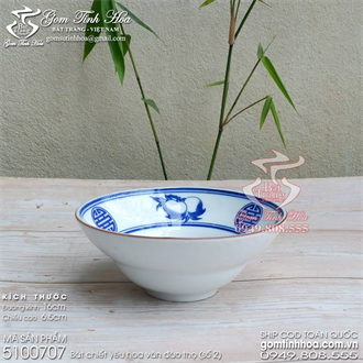 Bát chiết yêu 16cm hoa văn Đào thọ men lam cổ