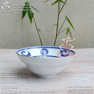 Bát chiết yêu 18cm hoa văn Đào thọ men lam cổ