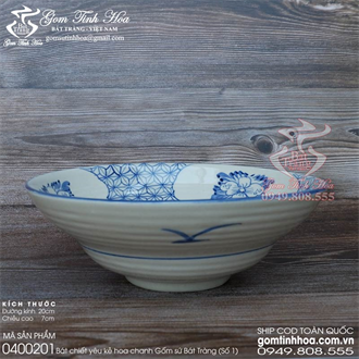 Bát chiết yêu 20cm gốm sứ giả cổ kẻ hoa chanh