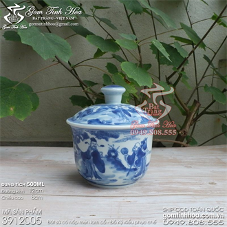 Thố chưng yến men lam cổ vẽ Tam Đa