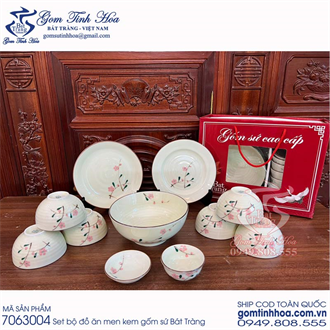 Set bát đĩa bộ đồ ăn men kem vẽ hoa mai hồng