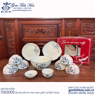 Set bát đĩa bộ đồ ăn men kem vẽ hoa sen Coban