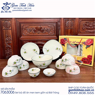 Set bát đĩa bộ đồ ăn men kem vẽ hoa sen màu