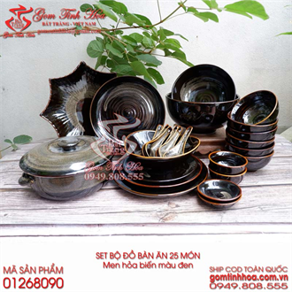 Bát đĩa bộ đồ bàn ăn gốm sứ 25 món men hỏa biến màu đen